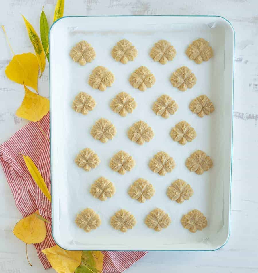 Pumpkin pie spice spritz cookies are small and crunchy cookies that have the warm spices of pumpkin pie mixed with a little bit of sweetness! #spritzcookies #spritz #spritzcookierecipe #pumpkincookie #pumpkinspritz