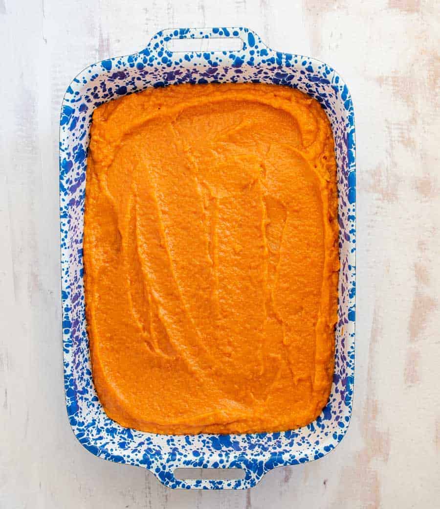 whipped sweet potatoes before a pecan topping has been added