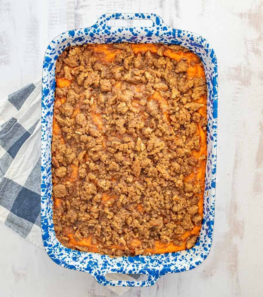 crunchy pecan topping on whipped sweet potatoes