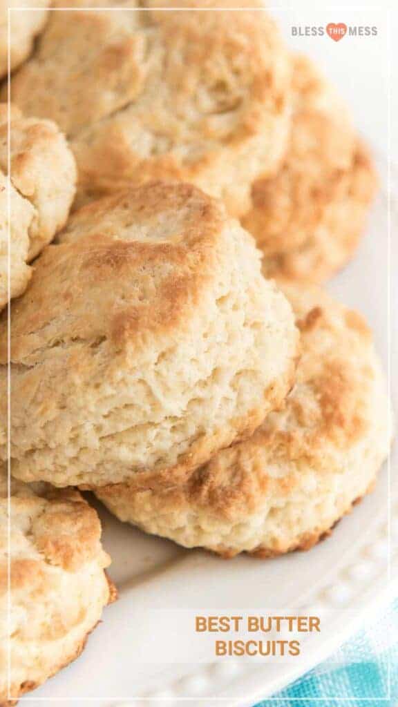 Title Image for Best Butter Biscuits with a stack of biscuits on a plate