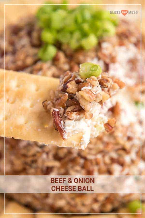 close up of beef and onion cheese dip on a cracker