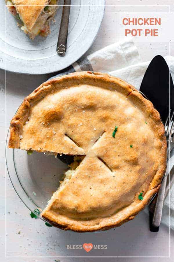 Title Image for Chicken Pot Pie and a clear glass pie plate with chicken pot pie with once slice removed