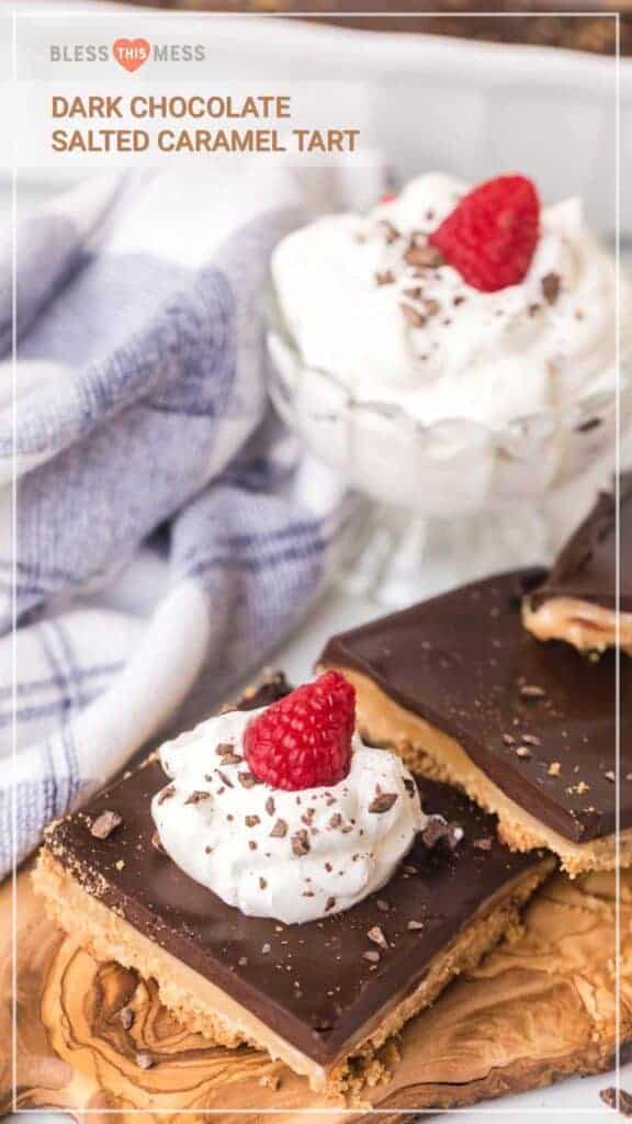 text reads "Dark Chocolate salted caramel tart"