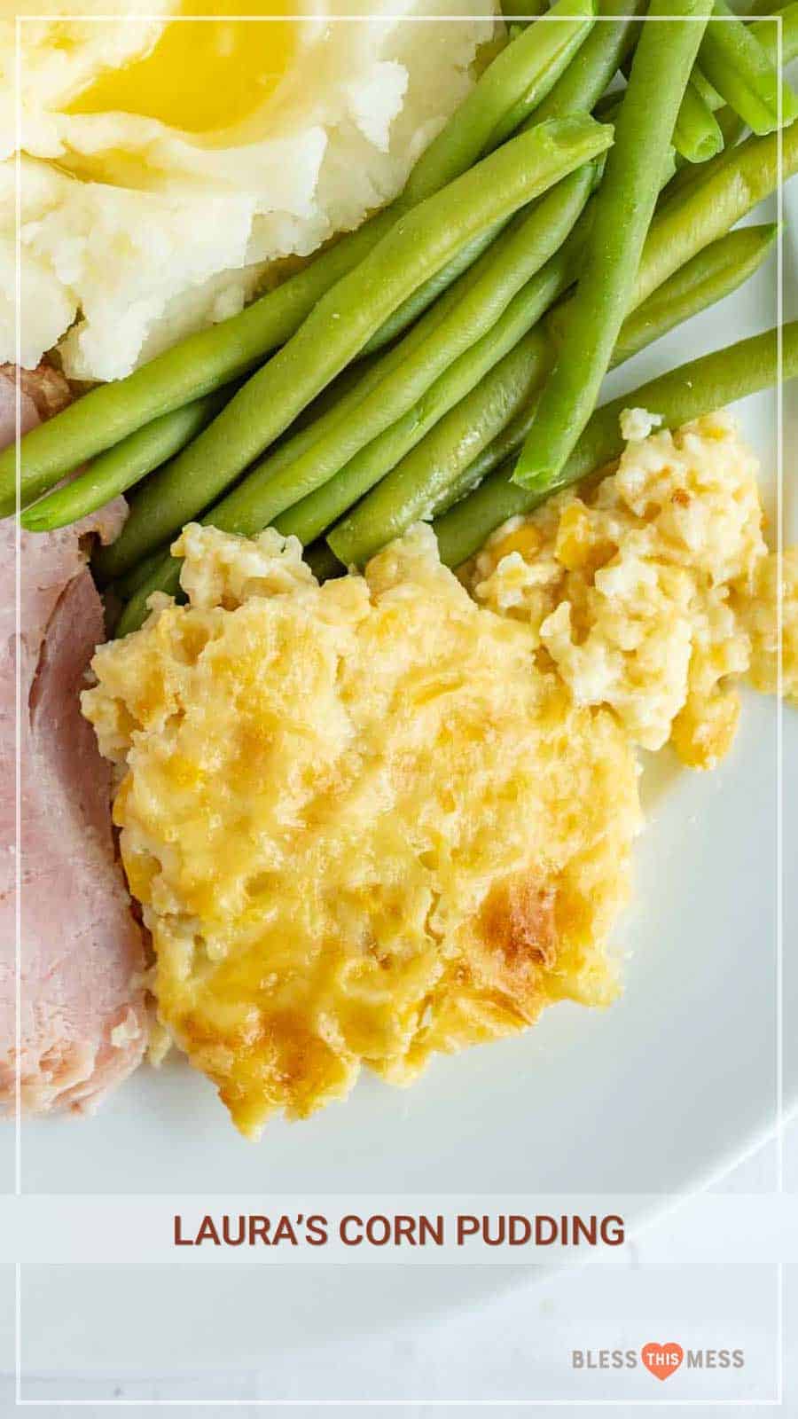 Thick, custardy, and just ever-so-slightly sweet, corn pudding is a perfect holiday side to balance your plate full of savory and rich foods! It's super easy to make, and is a wonderful dish to prep a day or two ahead of time to free up oven space and make your holiday a little calmer. #cornpudding #cornpuddingrecipe #corn #savorypudding #cornrecipes #holidayrecipes #holidaysides