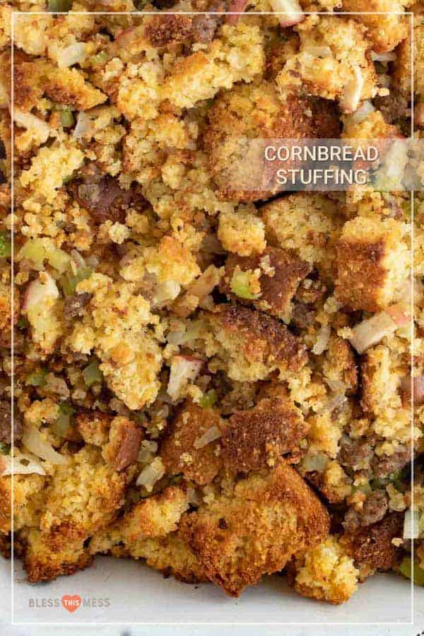 Cornbread stuffing is a crumbly and flavor-packed holiday side dish that's simple to prepare and delicious to enjoy! With sausage, onion, apple, and celery to complete it, this cornbread stuffing is chock-full of fall flavors and is majorly easy to whip up as a side for your holiday feast. #stuffing #dressing #cornbreadstuffing #cornbreaddressing #cornbread #thanksgivingsides #thanksgiving #thanksgivingrecipes #holidayrecipes