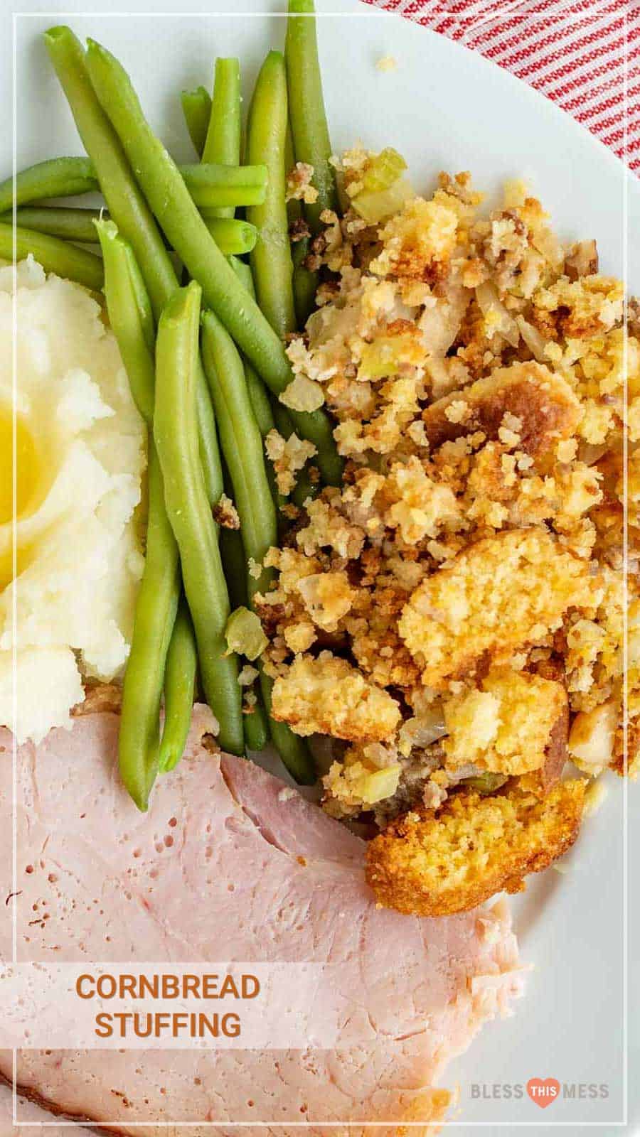 Cornbread stuffing is a crumbly and flavor-packed holiday side dish that's simple to prepare and delicious to enjoy! With sausage, onion, apple, and celery to complete it, this cornbread stuffing is chock-full of fall flavors and is majorly easy to whip up as a side for your holiday feast. #stuffing #dressing #cornbreadstuffing #cornbreaddressing #cornbread #thanksgivingsides #thanksgiving #thanksgivingrecipes #holidayrecipes