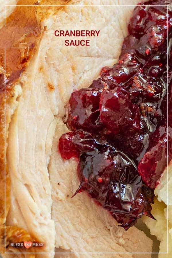 close up of a piece of turkey with cranberry sauce on top
