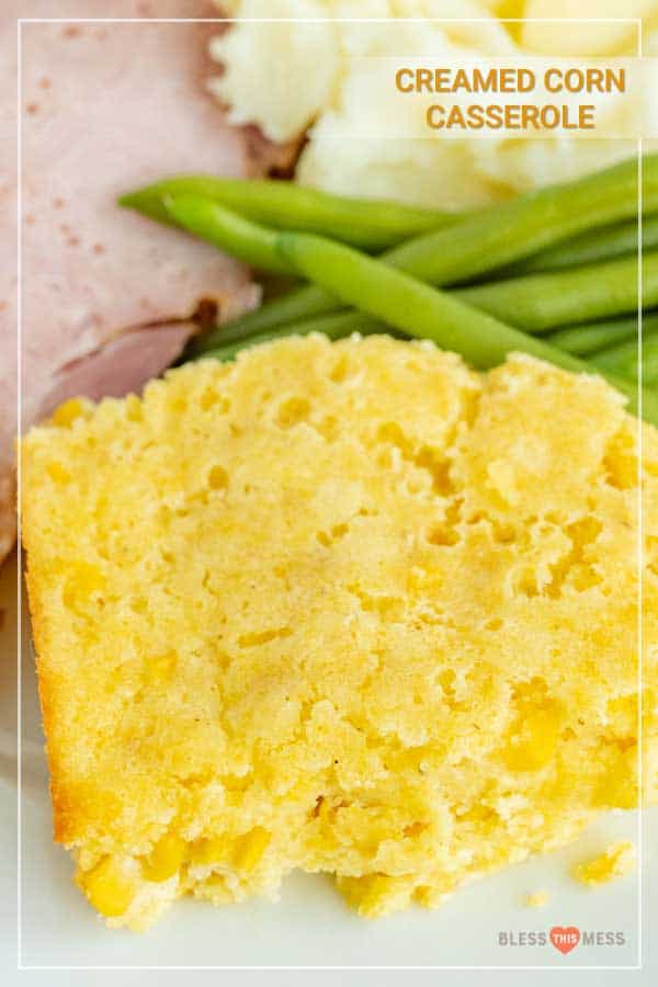 Easy creamed corn casserole is a buttery and creamy dish that's a perfect Thanksgiving side and the absolute easiest casserole to make ever (and that's saying a lot -- casserole is notoriously easy!). This fluffy and rich casserole is such a fun take on a corn side dish, and it's super hearty, delicious, and comes together simply. #corncasserole #creamedcorncasserole #casserole #creamedcorn #thanksgivingdishes #thanksgivingsides #thanksgivingrecipes #holidaydishes