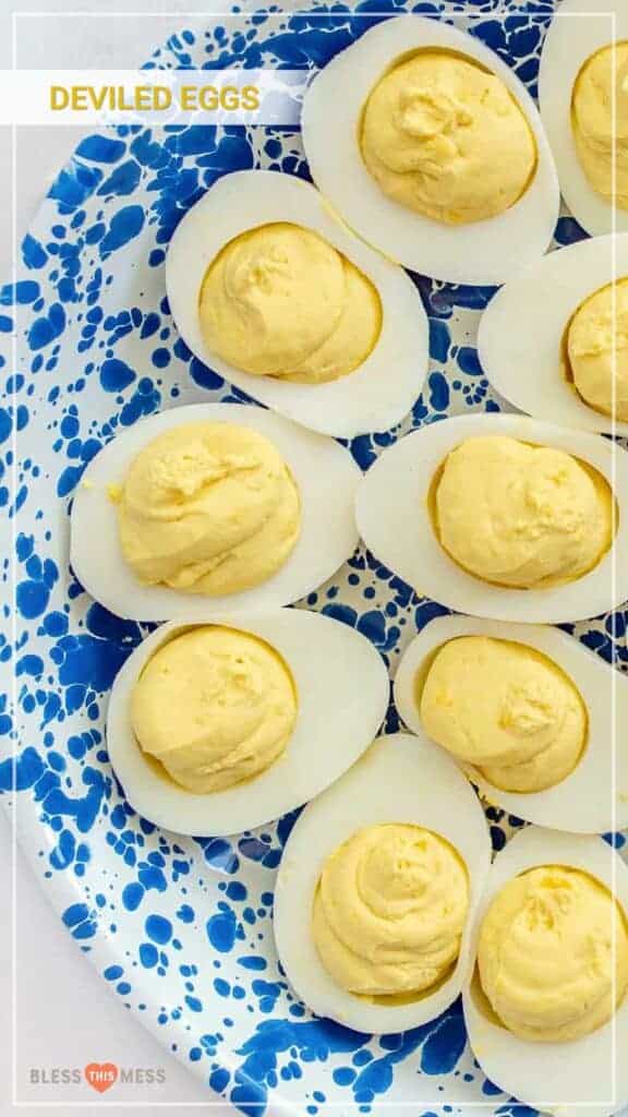 Title Image for Deviled Eggs and several deviled eggs on a blue and white speckled platter