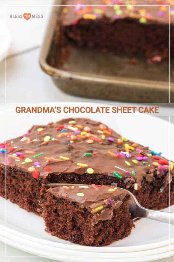 This chocolate sheet cake recipe with easy-to-make homemade icing is the tastiest dessert ever! If you're celebrating a birthday any time soon, this cake is a perfect option. You can easily make a birthday cake (or any celebration cake) with this semi-homemade recipe that is seriously divine! #sheetcake #chocolatesheetcake #homemadecake #cake #chocolatecake #cakerecipe #sheetcakerecipe #easycakerecipe #homemadeicing #chocolateicing
