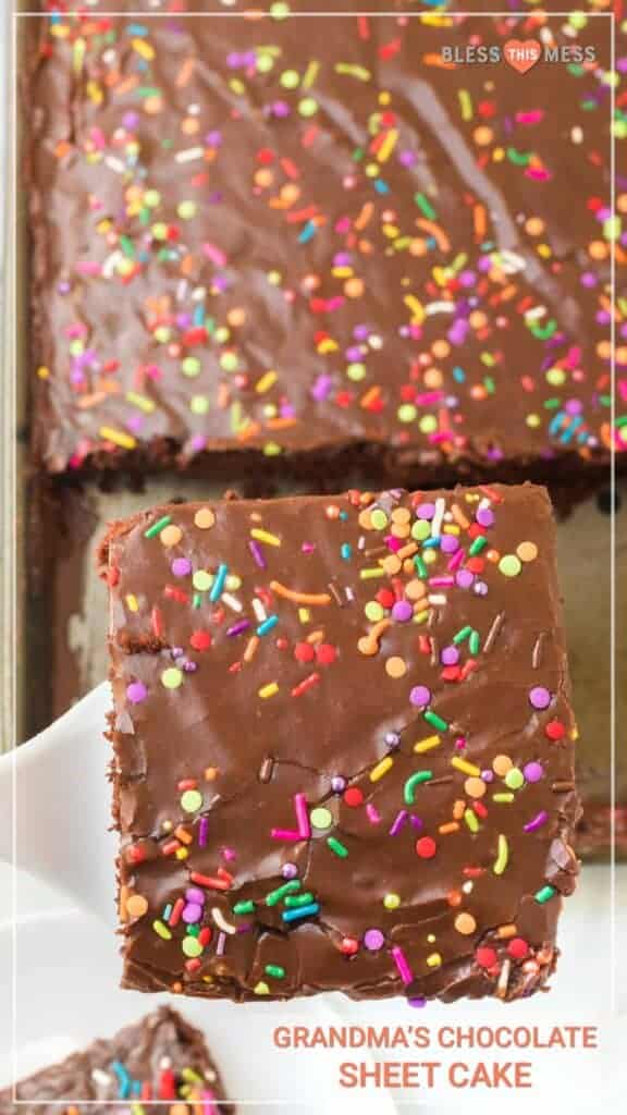 Title Image for Grandma's Chocolate Sheet Cake and a square of chocolate sheet cake with chocolate frosting and rainbow sprinkles