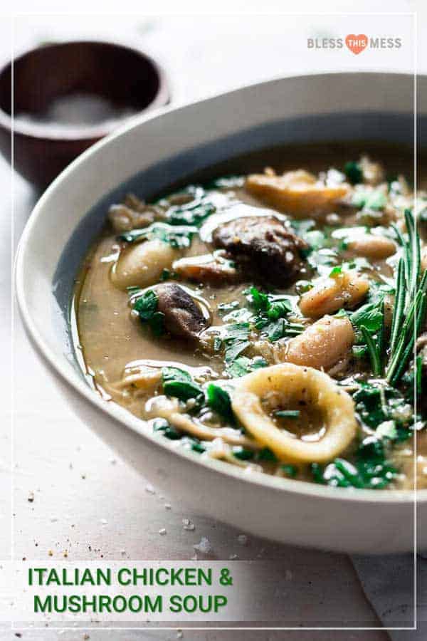 Flavorful and hearty, this Italian chicken and mushroom soup is warming to the soul and is totally easy to make a big batch of on a chilly night! Packed with flavor and delicious ingredients, you'll love this soup for fall and winter nights when all you want is something warm and comforting. #italiansoup #soup #chickensoup #mushroomsoup #souprecipes #italianrecipes