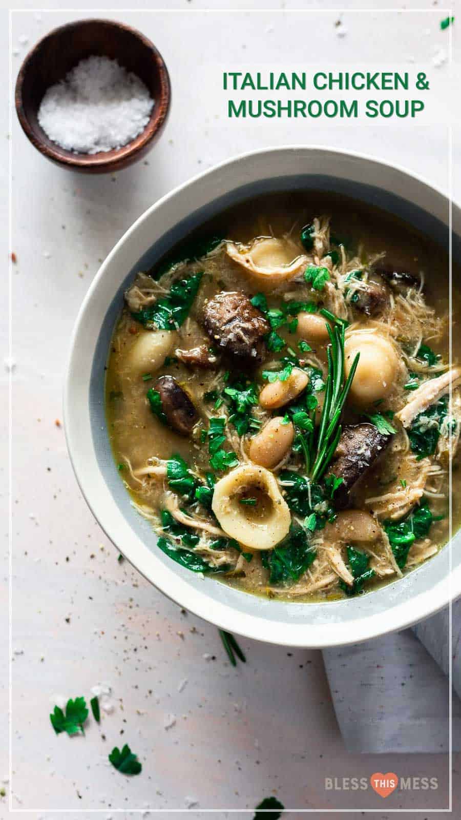 Flavorful and hearty, this Italian chicken and mushroom soup is warming to the soul and is totally easy to make a big batch of on a chilly night! Packed with flavor and delicious ingredients, you'll love this soup for fall and winter nights when all you want is something warm and comforting. #italiansoup #soup #chickensoup #mushroomsoup #souprecipes #italianrecipes