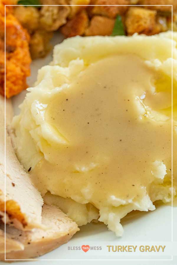 Close-up of a scoop of mashed potatoes topped with homemade turkey gravy