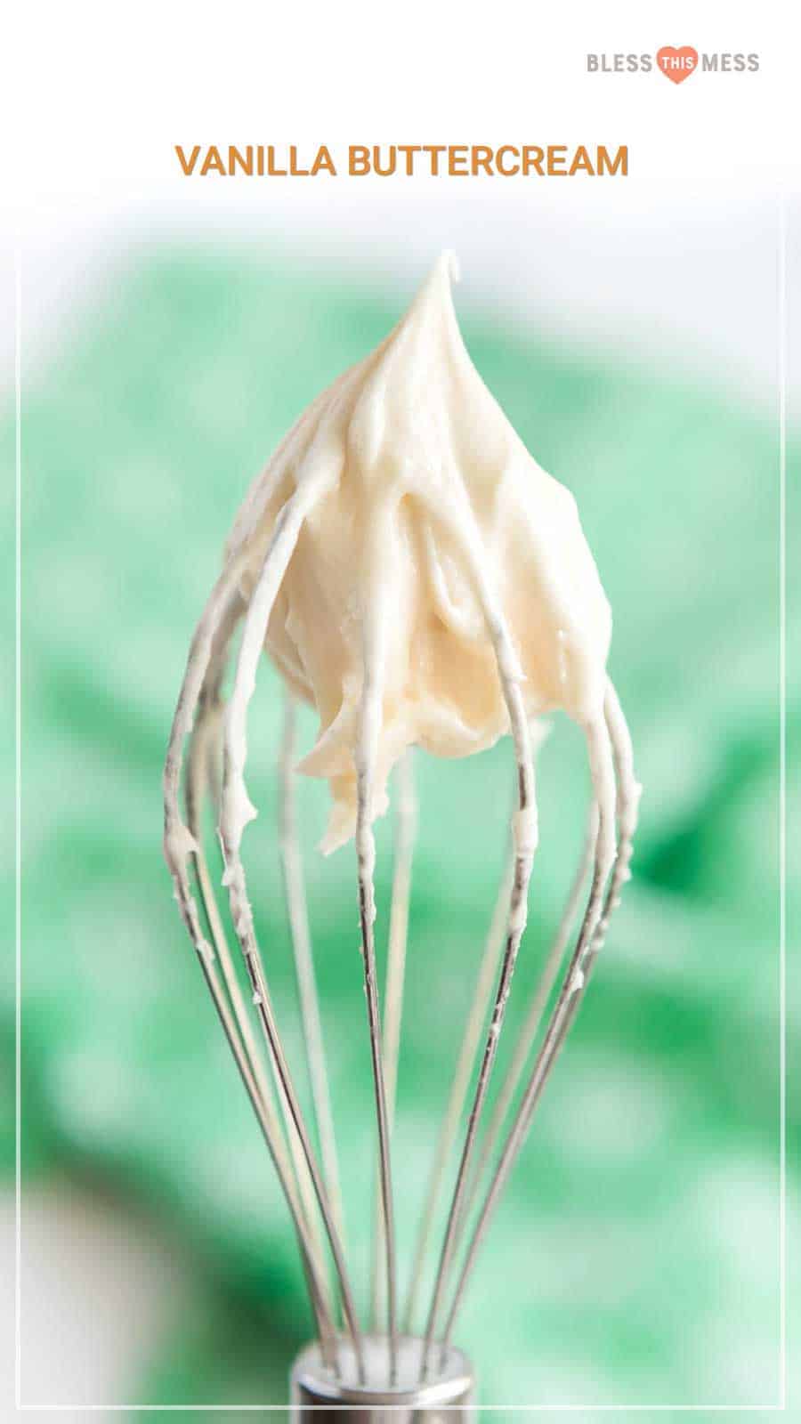 Light and fluffy vanilla buttercream frosting is sweet and irresistible with a rich, buttery undertone that'll make you want to eat a bowl of it plain with just a spoon! And it comes together quickly and easily with the use of your stand or electric mixer. You won't ever want to buy frosting from the store again. #buttercreamfrosting #vanillabuttercreamfrosting #vanillafrosting #frosting #frostingrecipe #easyfrosting #homemadefrosting #vanillaicing