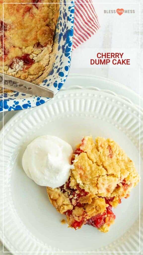 text reads "cherry dump cake" with a photo of a crumbling piece of pie on a white plate