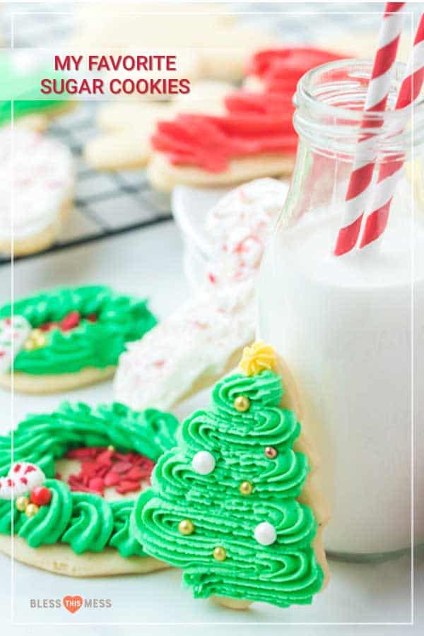 text reads "my favorite sugar cookies" with some holiday themed and decorated cookies