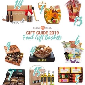 Title Image for Gift Guide 2019 Food Gift Baskets with examples of 15 different food gift baskets