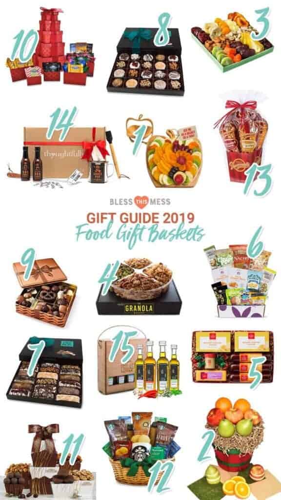 Title Image for Gift Guide 2019 Food Gift Baskets with examples of 15 different food gift baskets