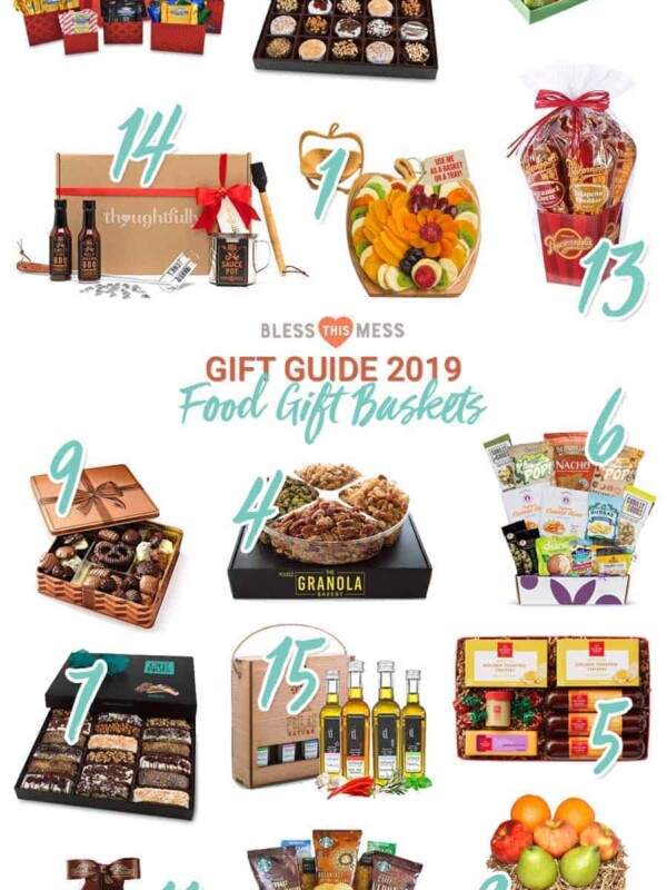Title Image for Gift Guide 2019 Food Gift Baskets with examples of 15 different food gift baskets
