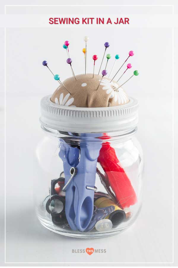 This DIY sewing kit in a jar is such a fun, creative, simple, and sweet gift for the crafty ones in your life! You can quickly make a few for the odds and ends of your holiday gifting list -- give them as host gifts, to teachers, or to anyone else you know who loves a fun craft project! #diy #sewingkit #diysewingkit #homemadesewingkit #sewkit #DIYchristmasgift