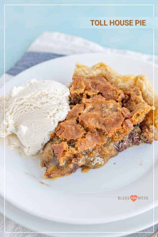 This Toll House pie is one of my favorites for the holidays or any special occasion -- it tastes like a thick and fluffy chocolate chip cookie baked in a flaky, buttery pie crust, and it's seriously heaven. It's one of the best pies to make because it's so easy, you can make it ahead of time, it tastes incredible, and it travels well! Score. #tollhousepie #chocolatechipcookiepie #tollhousepierecipe #cookiepie #chocolatechipcookie #holidaydesserts #holidaysweets #holidaybaking