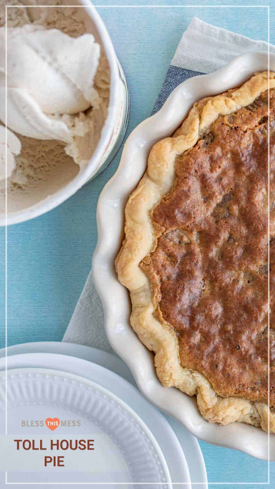 This Toll House pie is one of my favorites for the holidays or any special occasion -- it tastes like a thick and fluffy chocolate chip cookie baked in a flaky, buttery pie crust, and it's seriously heaven. It's one of the best pies to make because it's so easy, you can make it ahead of time, it tastes incredible, and it travels well! Score. #tollhousepie #chocolatechipcookiepie #tollhousepierecipe #cookiepie #chocolatechipcookie #holidaydesserts #holidaysweets #holidaybaking