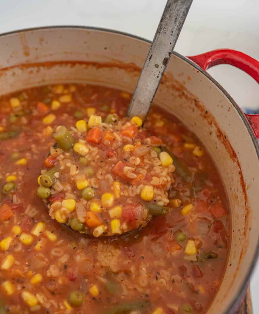 pot of healthy alphabet soup with ladle