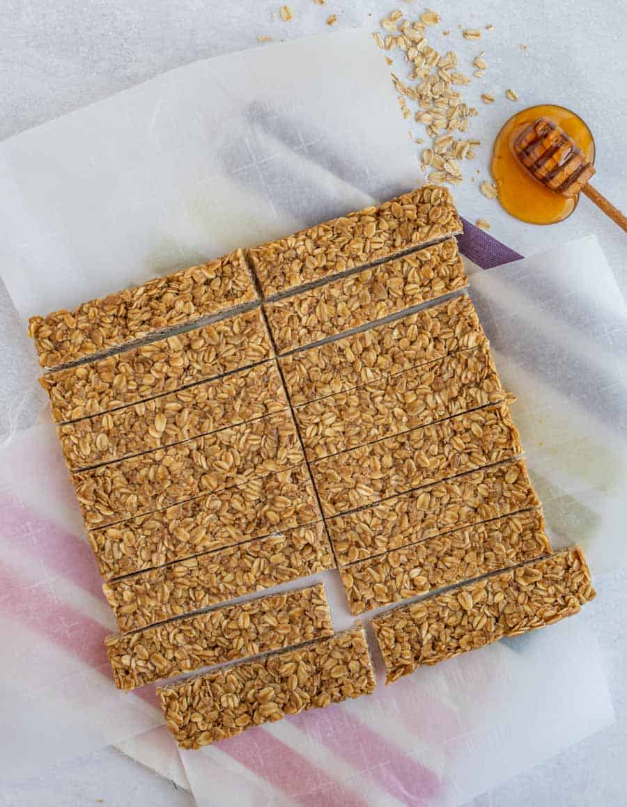 easy homemade granola bars on parchment paper with honey