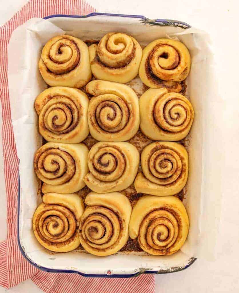 baked cinnamon rolls lined into a pan uniced