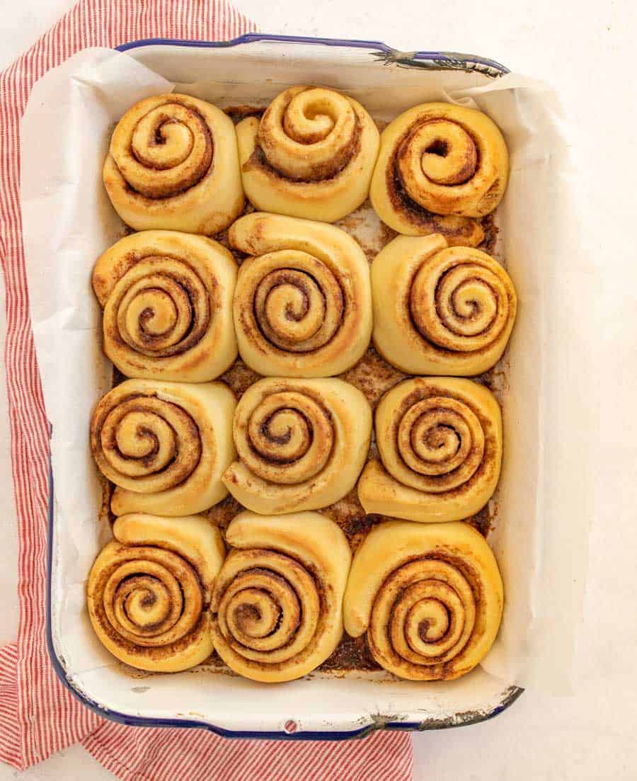 baked cinnamon rolls lined into a pan uniced