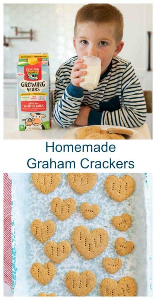 Title and image for Homemade Graham Crackers with heart-shaped graham crackers on a sheet of parchment and an image of a little boy drinking milk next to a plate of graham crackers