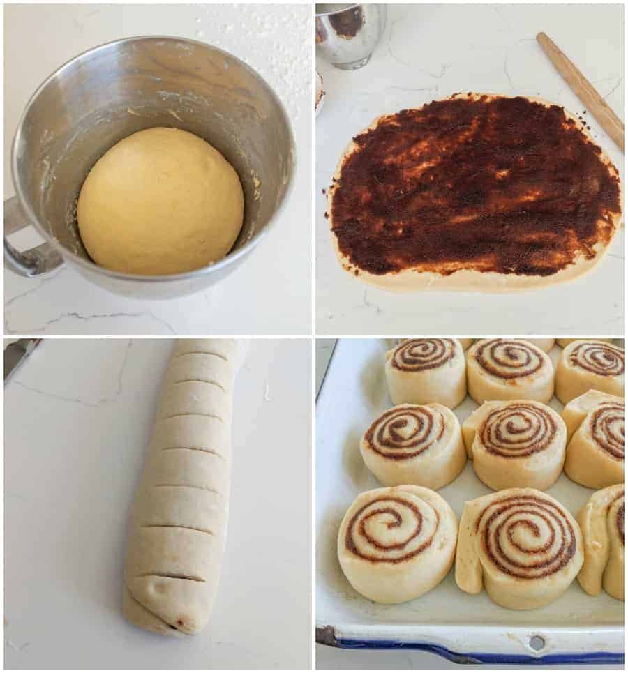 Four photos, the upper left-hand picture is a silver mixing bowl with a ball of dough that has been mixed. The upper right-hand picture has the ball of dough rolled out and covered in cinnamon. The bottom left-hand corner is the dough rolled and scored to be cut into cinnamon rolls. The bottom right-hand corner is a picture of the cinnamon rolls ready to be put in the oven.