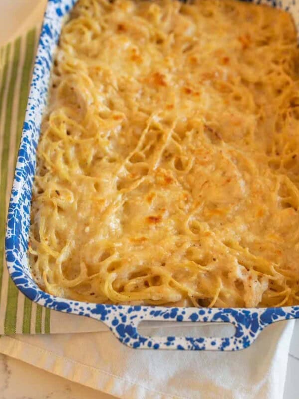 creamy turkey tetrazzini like a casserole in a dish