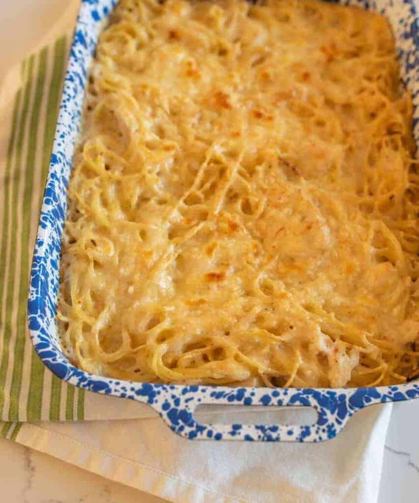 creamy turkey tetrazzini like a casserole in a dish