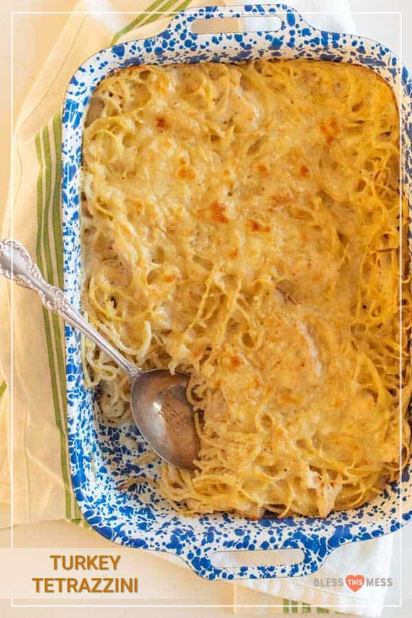 text reads "turkey tetrazzini" with a casserole dish