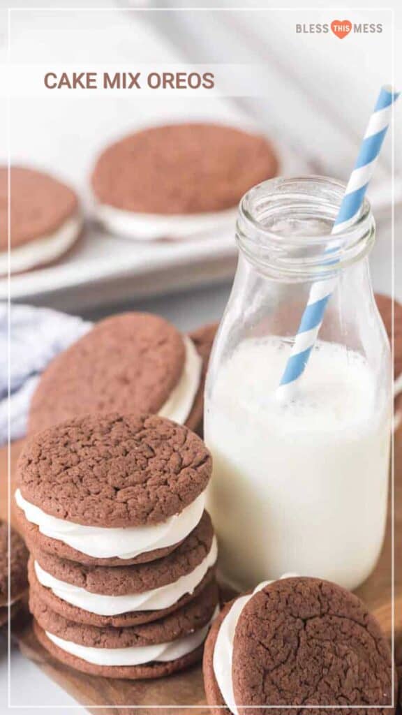 text reads "cake mix oreos" with what almost looks like Whoopi pies or fat home made oreos with soft cookie top and bottoms