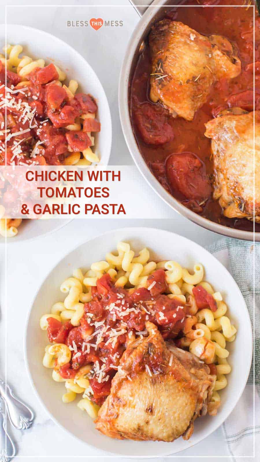 chicken with tomatoes and garlic pasta in white bowl