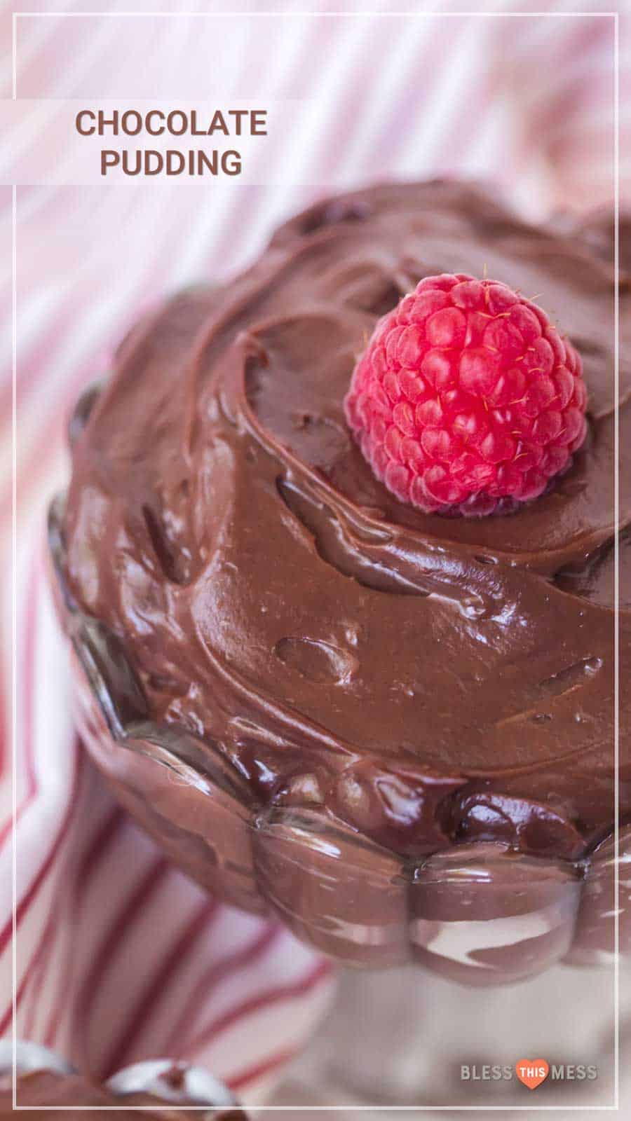 chocolate pudding in a pretty dish with raspberry on top