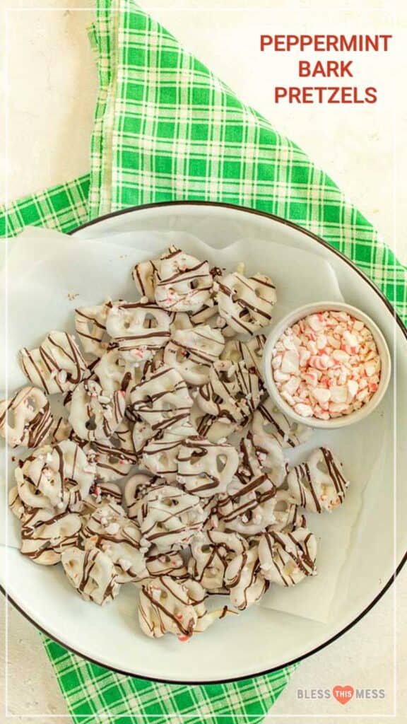 text reads "peppermint bark pretzels" and a plate of white chocolate dipped pretzels drizzled with chocolate