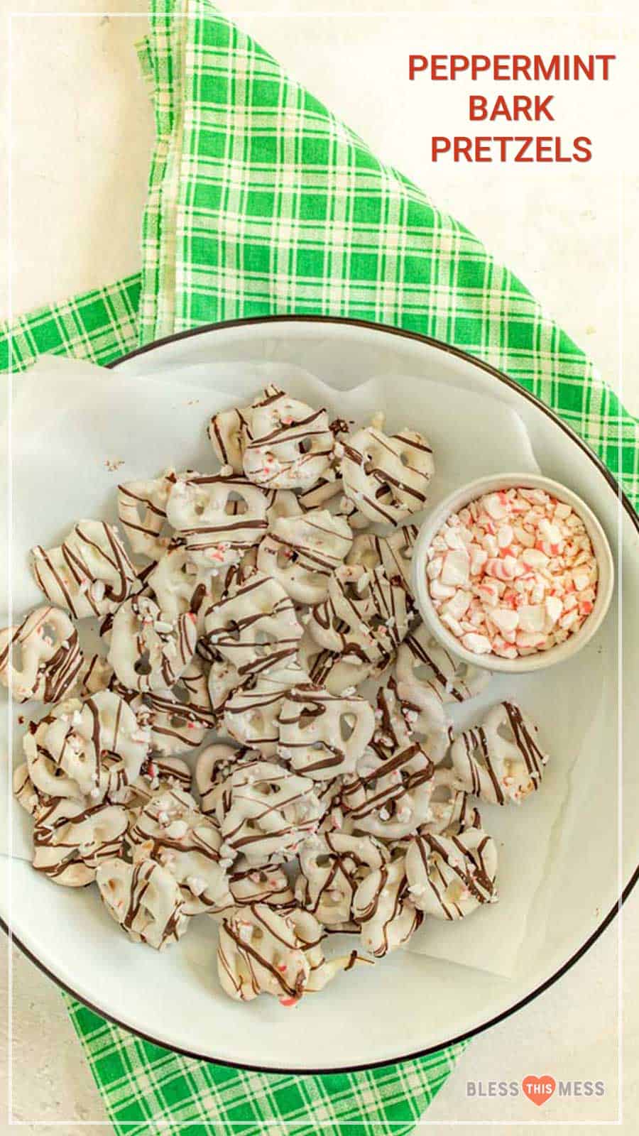 chocolate covered pretzels in a dish with a green background