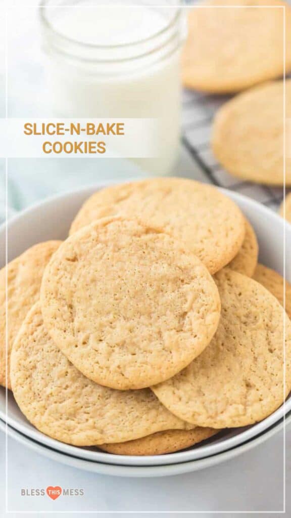 Title Image for Slice-N-Bake Cookies and a white bowl of round sugar cookies