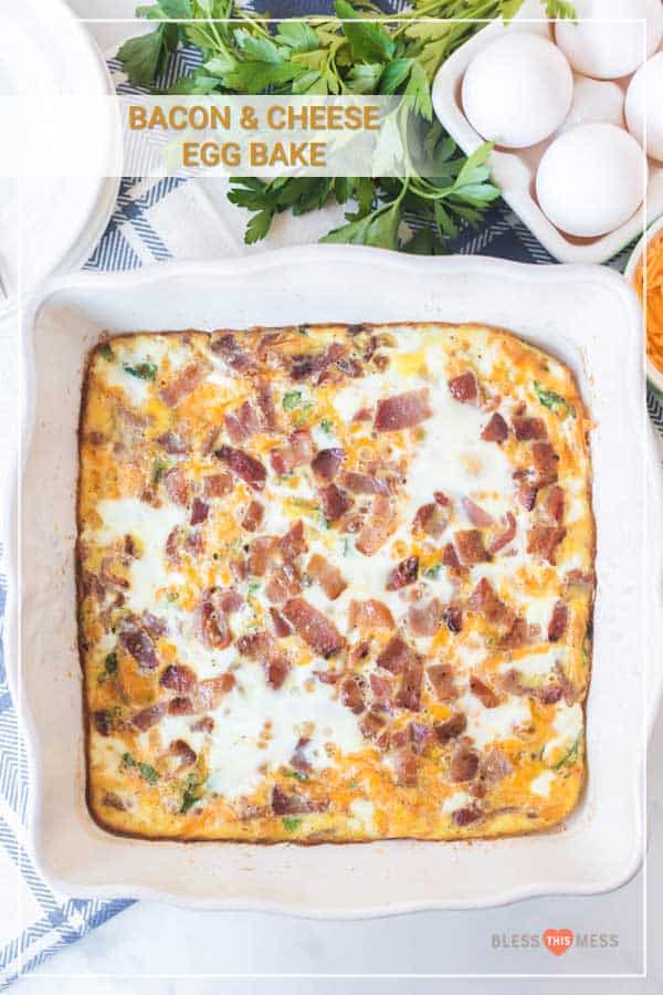 easy bacon cheese and egg bake in casserole dish next to egg carton