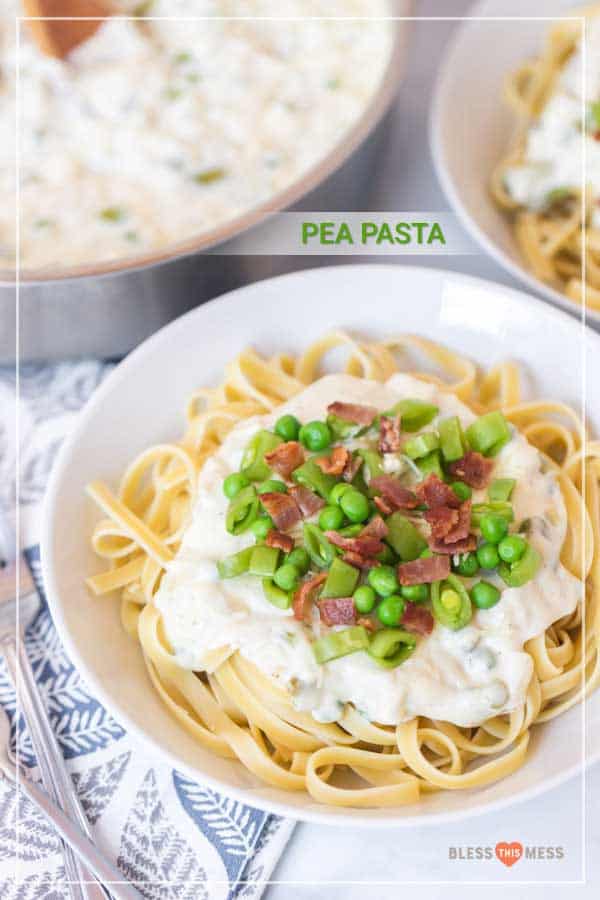 Creamy, cheesy, and made with two types of peas plus bacon, this creamy bacon and pea pasta is a simple weeknight meal that's super fast to make and everyone will enjoy! It's a fun one when you're craving pasta but want something quick and easy and that has a few sneaky veggies inside! #pasta #easypasta #homemadepasta #freshpasta #pastawithbacon #creamypasta
