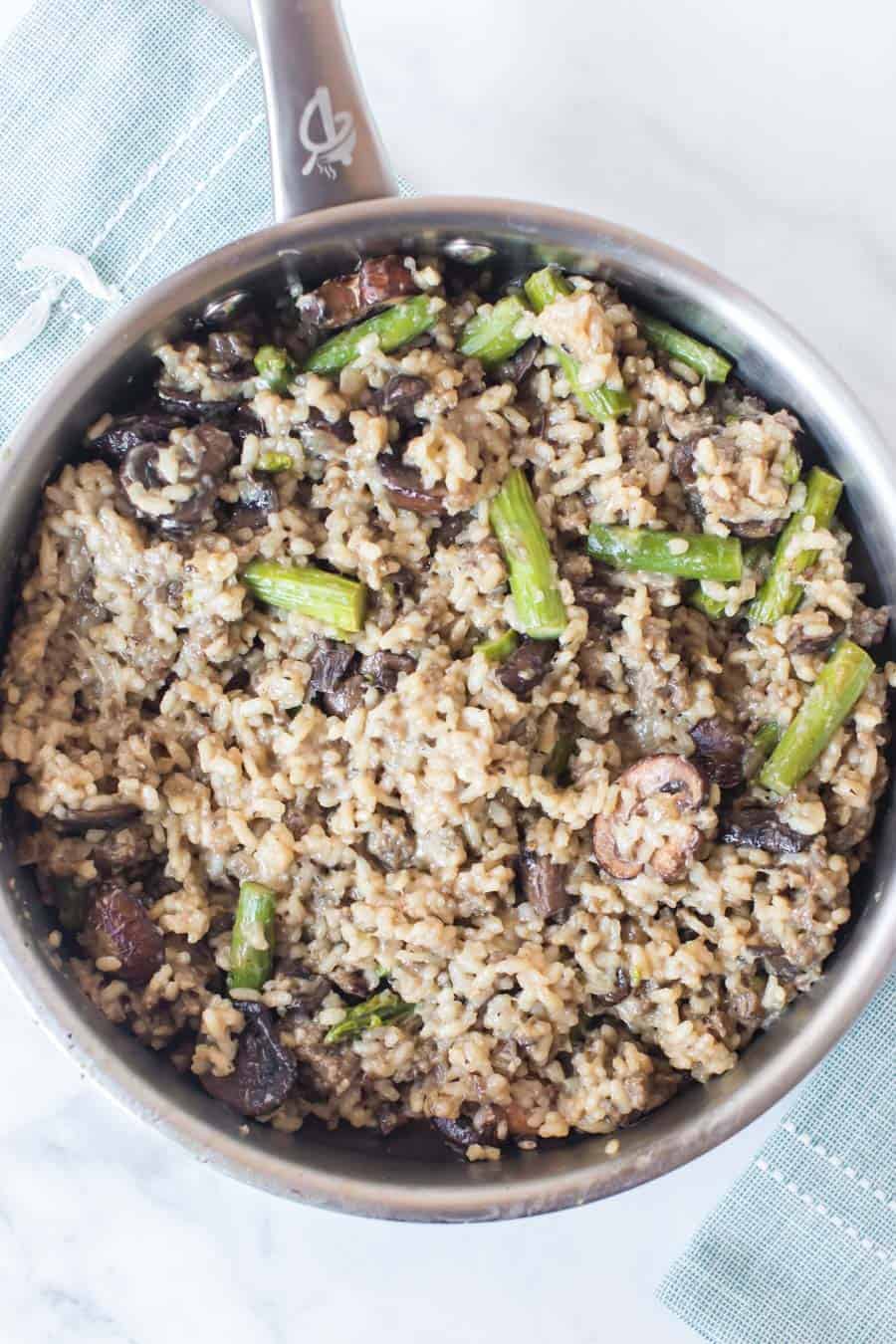 Sausage Asparagus and Mushroom Risotto in pan