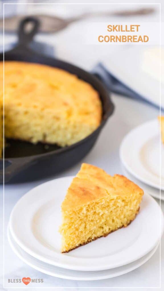 Cast Iron Skillet Cornbread that is tender in the middle, lightly sweet, and has a perfect crust on the bottom thanks to using a skillet and melted butter!