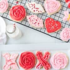 stack of valentines day sugar cookies with piped pink and red or lips or even X&O's made of frosting