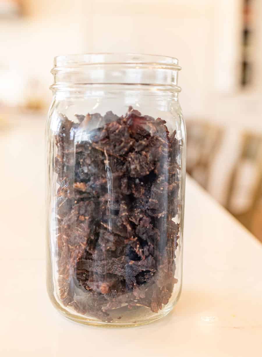 beef jerky in glass mason jar