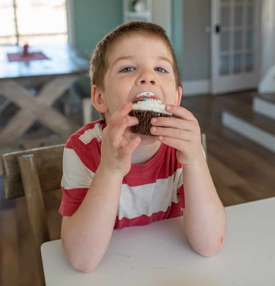 boy in red and white striped shirt eating chocolate cupcake with vanilla frosting