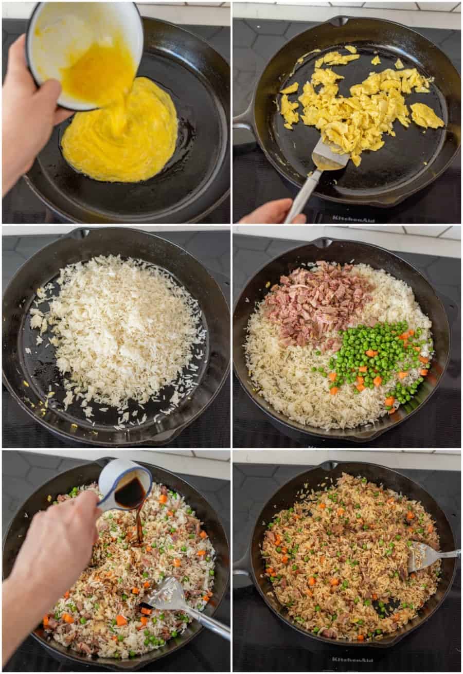 how to collage image eggs rice chicken vegetables soy sauce in skillet